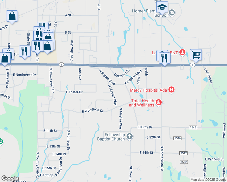 map of restaurants, bars, coffee shops, grocery stores, and more near 436 North Mayfair Way in Ada