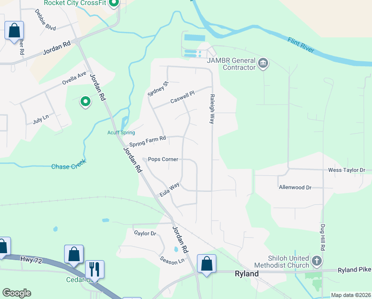 map of restaurants, bars, coffee shops, grocery stores, and more near 106 Spring Farm Road in Huntsville