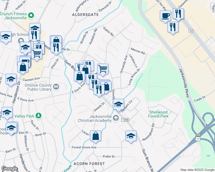 map of restaurants, bars, coffee shops, grocery stores, and more near 117 Croatan Court in Jacksonville