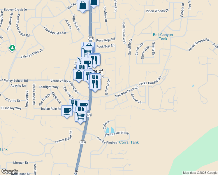 map of restaurants, bars, coffee shops, grocery stores, and more near 110 East Cortez Drive in Sedona