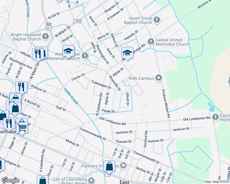 map of restaurants, bars, coffee shops, grocery stores, and more near 524 Roseville Street in Laurinburg