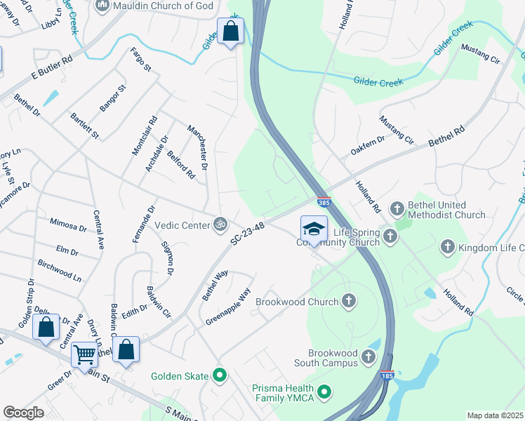 map of restaurants, bars, coffee shops, grocery stores, and more near 8 Bethel Oaks Court in Mauldin