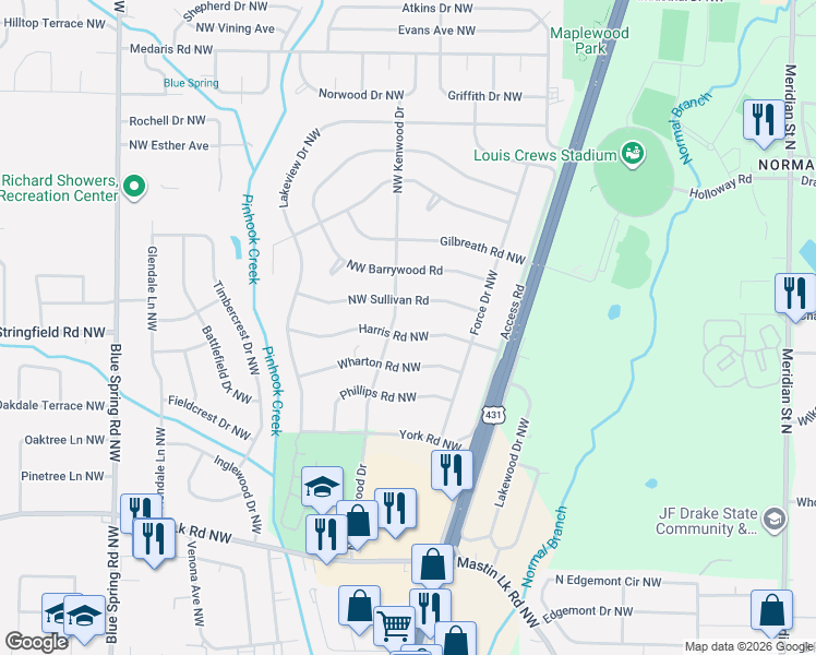 map of restaurants, bars, coffee shops, grocery stores, and more near 4102 Northwest Kenwood Drive in Huntsville