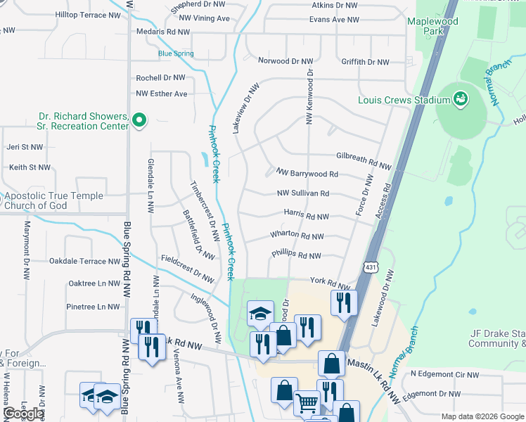 map of restaurants, bars, coffee shops, grocery stores, and more near 2217 Northwest Sullivan Road in Huntsville