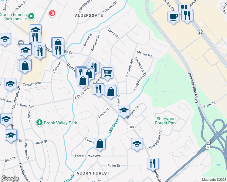 map of restaurants, bars, coffee shops, grocery stores, and more near 113 Croatan Court in Jacksonville