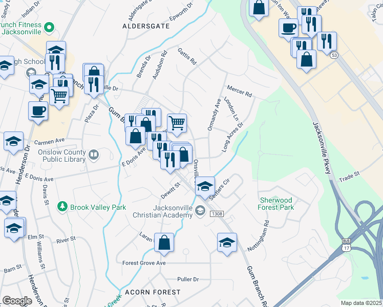 map of restaurants, bars, coffee shops, grocery stores, and more near 105 Croatan Court in Jacksonville