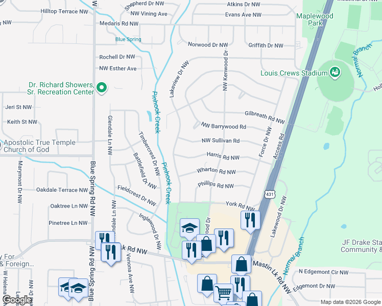 map of restaurants, bars, coffee shops, grocery stores, and more near 2217 Northwest Sullivan Road in Huntsville