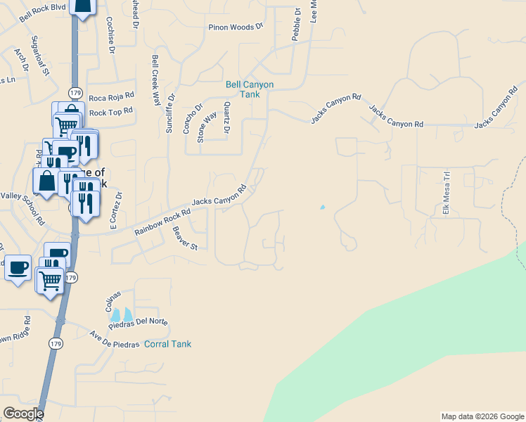map of restaurants, bars, coffee shops, grocery stores, and more near 64 Red River Road in Sedona