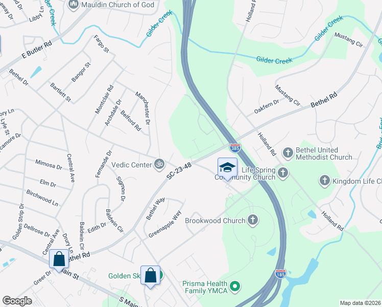 map of restaurants, bars, coffee shops, grocery stores, and more near 8 Bethel Oaks Court in Mauldin