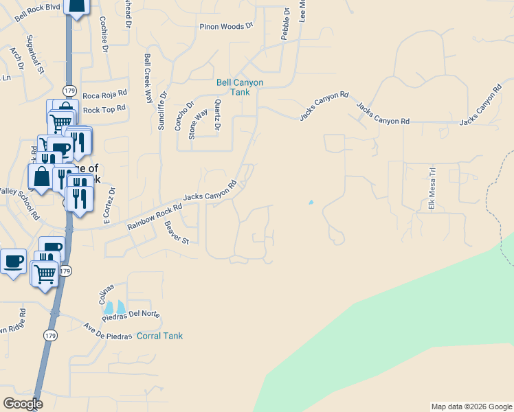 map of restaurants, bars, coffee shops, grocery stores, and more near 64 Red River Road in Sedona