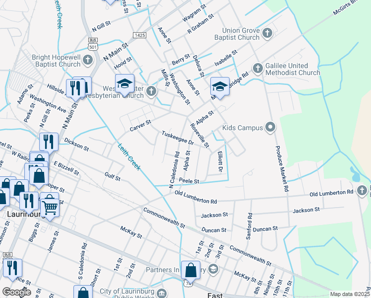 map of restaurants, bars, coffee shops, grocery stores, and more near 508 Tuskeegee Drive in Laurinburg