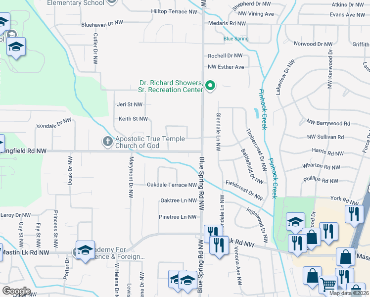 map of restaurants, bars, coffee shops, grocery stores, and more near 2403 Springhill Road Northwest in Huntsville