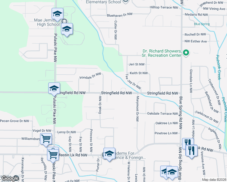 map of restaurants, bars, coffee shops, grocery stores, and more near 4002 Offutt Court Northwest in Huntsville