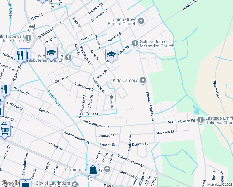 map of restaurants, bars, coffee shops, grocery stores, and more near 601 Gabriel Avenue in Laurinburg