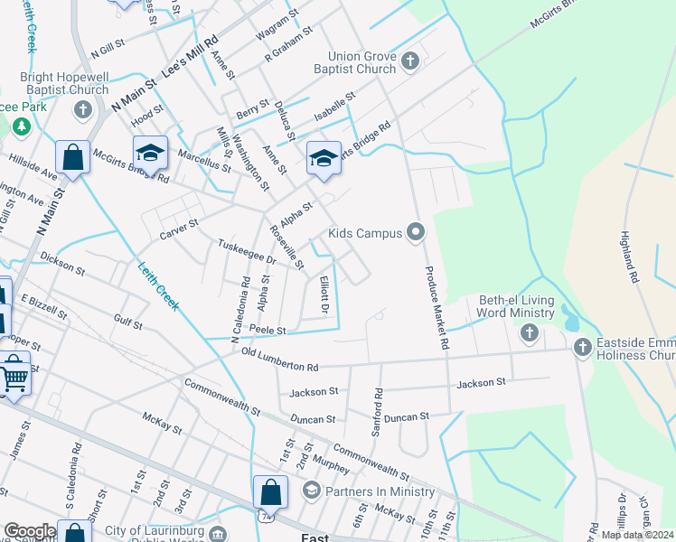 map of restaurants, bars, coffee shops, grocery stores, and more near 601 Gabriel Avenue in Laurinburg
