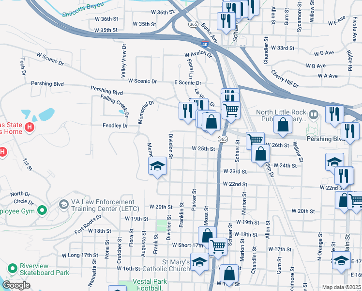 map of restaurants, bars, coffee shops, grocery stores, and more near 2516 Franklin Street in North Little Rock