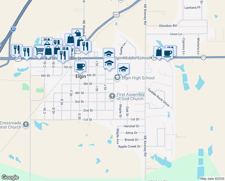 map of restaurants, bars, coffee shops, grocery stores, and more near 401 K St in Elgin