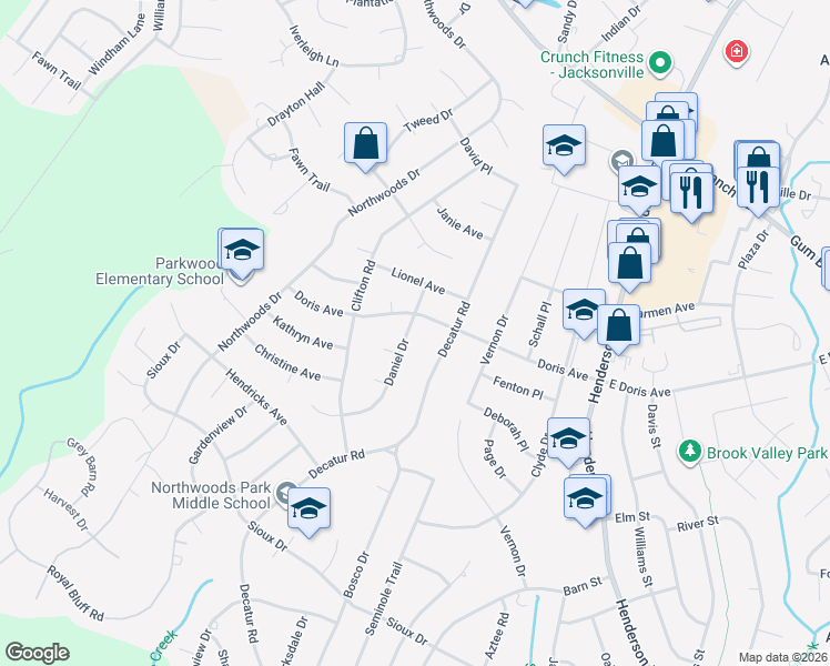 map of restaurants, bars, coffee shops, grocery stores, and more near 1037 Daniel Drive in Jacksonville