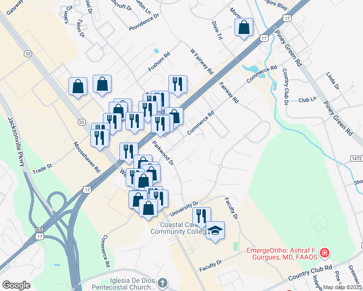 map of restaurants, bars, coffee shops, grocery stores, and more near 2514 Commerce Road in Jacksonville