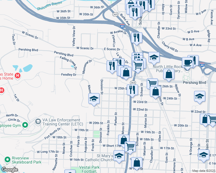 map of restaurants, bars, coffee shops, grocery stores, and more near 2516 Franklin Street in North Little Rock