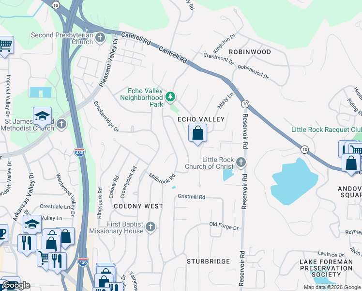 map of restaurants, bars, coffee shops, grocery stores, and more near 2817 Millbrook Road in Little Rock