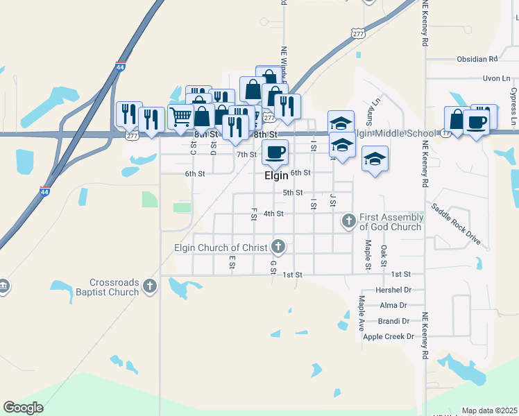 map of restaurants, bars, coffee shops, grocery stores, and more near 410 F Street in Elgin