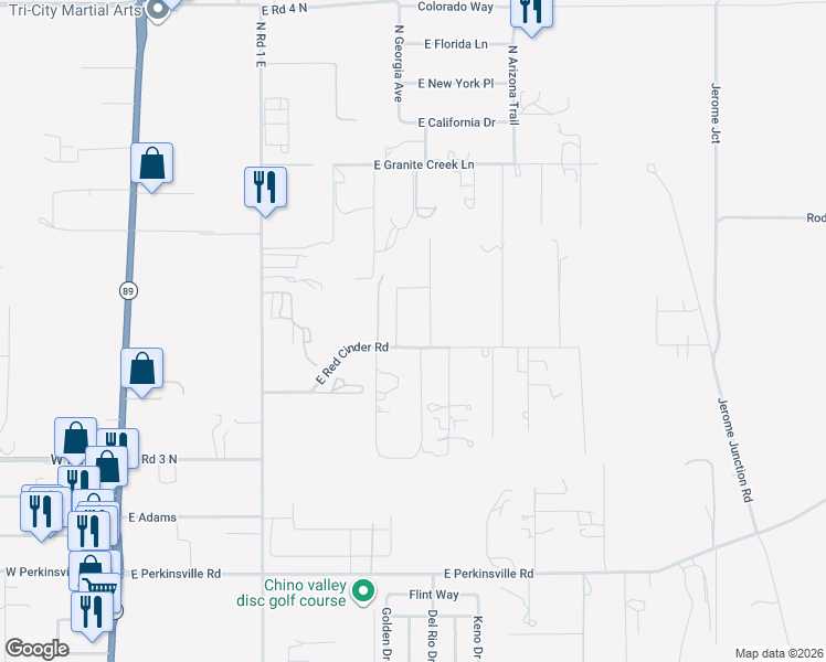 map of restaurants, bars, coffee shops, grocery stores, and more near 1330 East Red Cinder Road in Chino Valley
