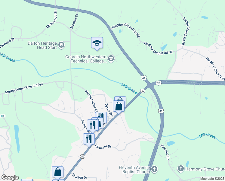 map of restaurants, bars, coffee shops, grocery stores, and more near in Dalton