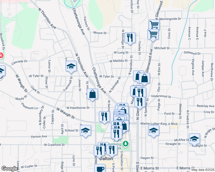 map of restaurants, bars, coffee shops, grocery stores, and more near 514 Chattanooga Avenue in Dalton