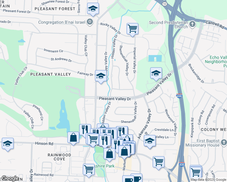 map of restaurants, bars, coffee shops, grocery stores, and more near 2803 Hidden Valley Drive in Little Rock