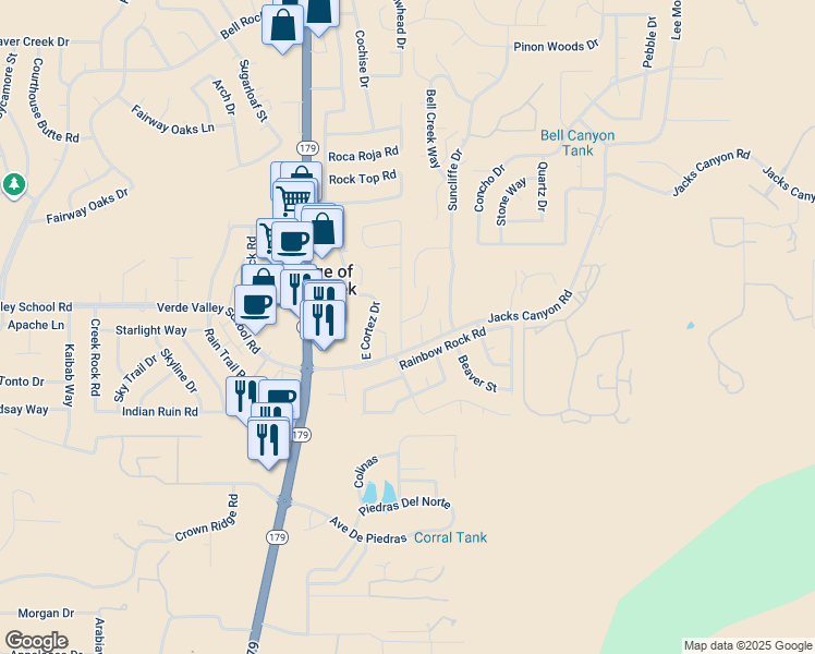 map of restaurants, bars, coffee shops, grocery stores, and more near 40 Rimrock Ride in Sedona