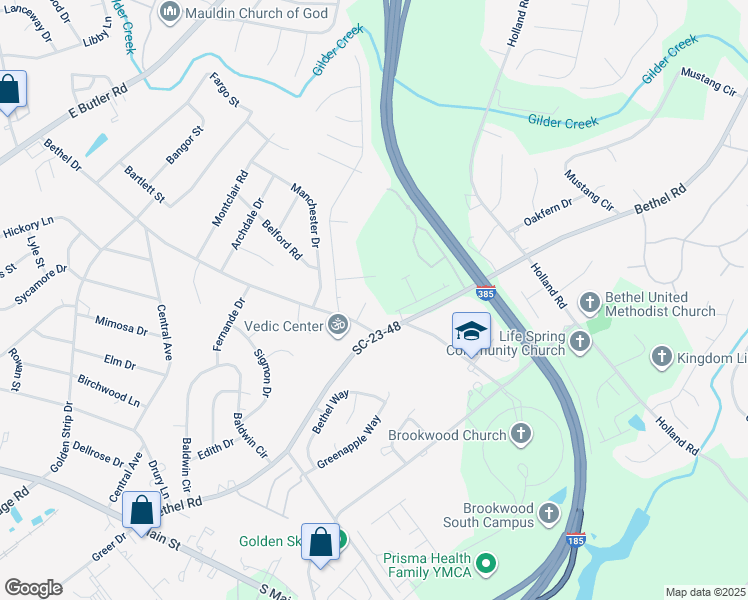 map of restaurants, bars, coffee shops, grocery stores, and more near 8 Bethel Oaks Court in Mauldin