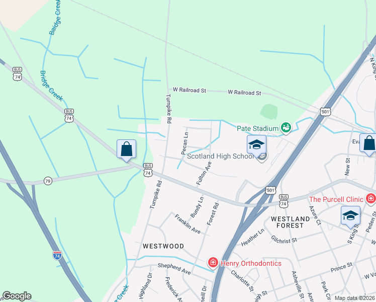map of restaurants, bars, coffee shops, grocery stores, and more near 1305 Laurin Ln in Laurinburg