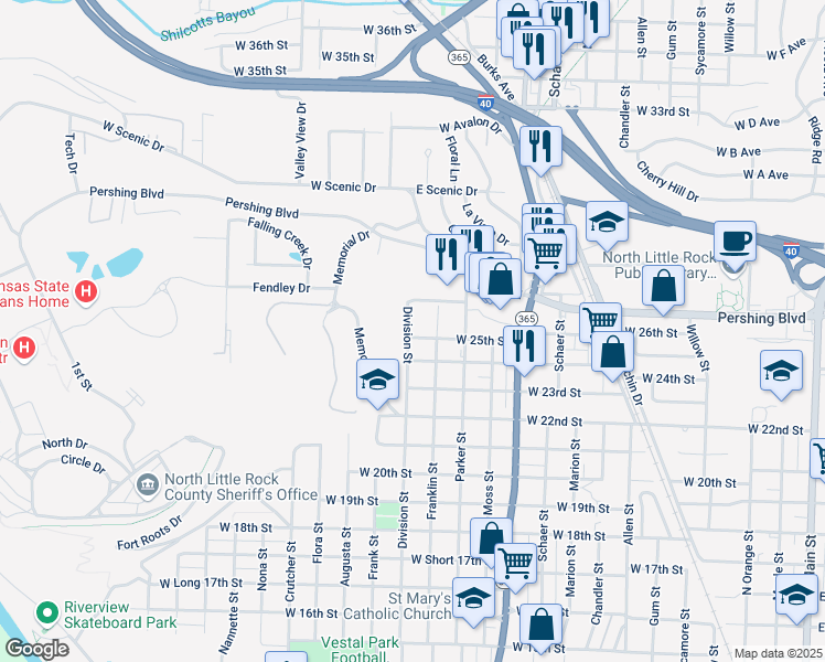map of restaurants, bars, coffee shops, grocery stores, and more near 1421 West 25th Street in North Little Rock