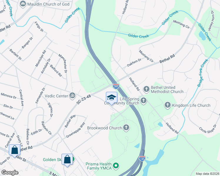 map of restaurants, bars, coffee shops, grocery stores, and more near 1816 Bethel Road in Simpsonville
