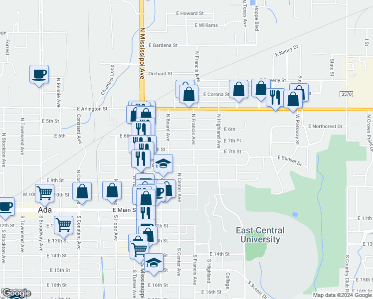 map of restaurants, bars, coffee shops, grocery stores, and more near 838 East 7th Street in Ada