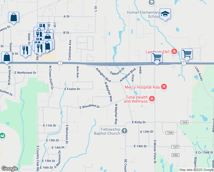 map of restaurants, bars, coffee shops, grocery stores, and more near 436 North Mayfair Way in Ada