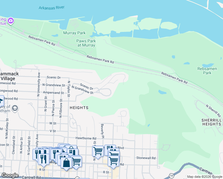 map of restaurants, bars, coffee shops, grocery stores, and more near 19 Blue Ridge Circle in Little Rock