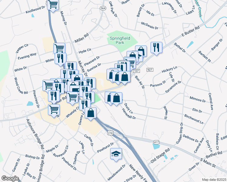 map of restaurants, bars, coffee shops, grocery stores, and more near 102 East Butler Road in Mauldin