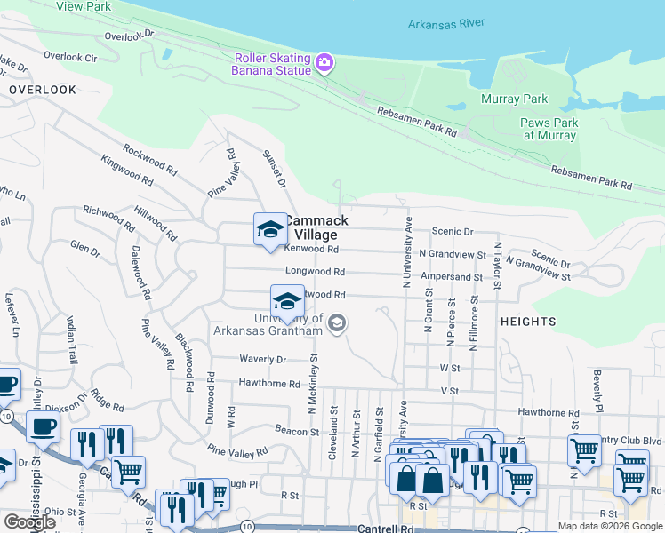 map of restaurants, bars, coffee shops, grocery stores, and more near 6324 Longwood Road in Little Rock