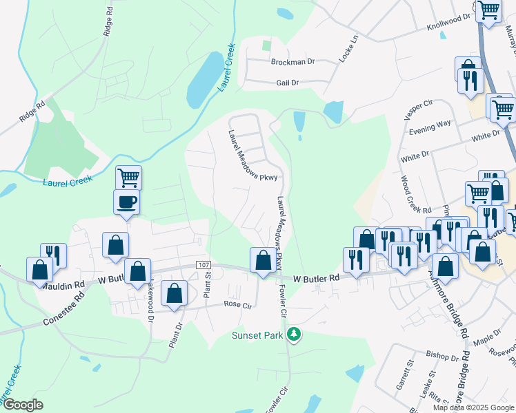map of restaurants, bars, coffee shops, grocery stores, and more near 701 Rock Hill Court in Greenville