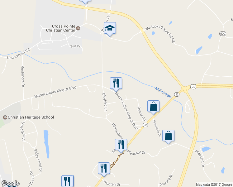 map of restaurants, bars, coffee shops, grocery stores, and more near 2600 Martin Luther King Jr Blvd in Dalton