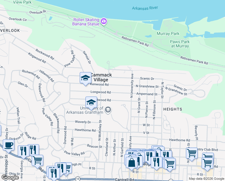 map of restaurants, bars, coffee shops, grocery stores, and more near 6212 Longwood Road in Little Rock