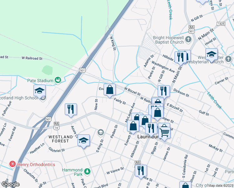 map of restaurants, bars, coffee shops, grocery stores, and more near 224 South King Street in Laurinburg