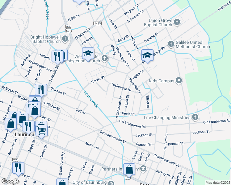 map of restaurants, bars, coffee shops, grocery stores, and more near 504 Morris Street in Laurinburg