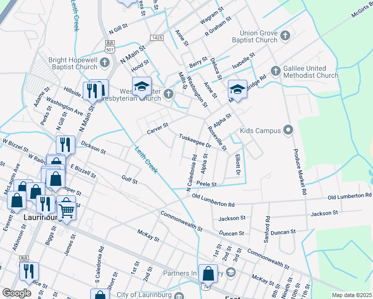 map of restaurants, bars, coffee shops, grocery stores, and more near 504 Morris Street in Laurinburg