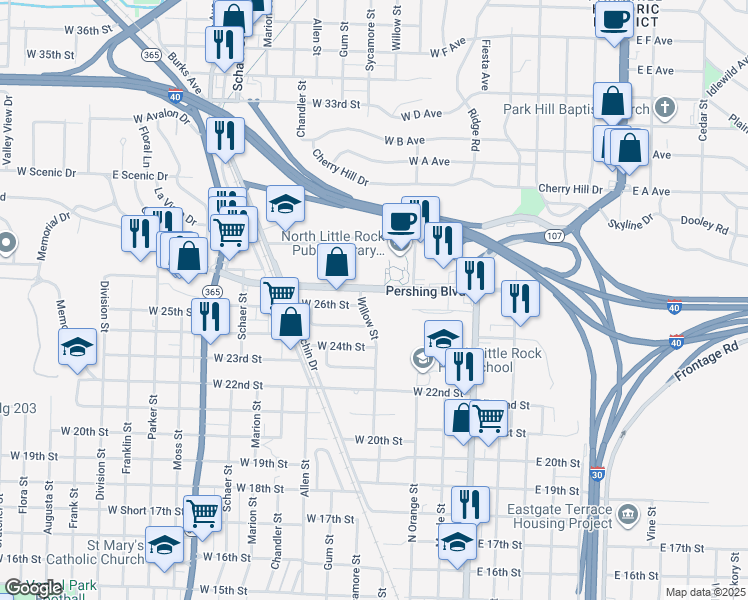 map of restaurants, bars, coffee shops, grocery stores, and more near 312 West Pershing Boulevard in North Little Rock