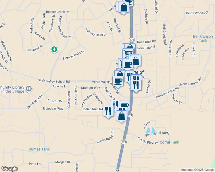 map of restaurants, bars, coffee shops, grocery stores, and more near 22 Rain Trail Road in Sedona