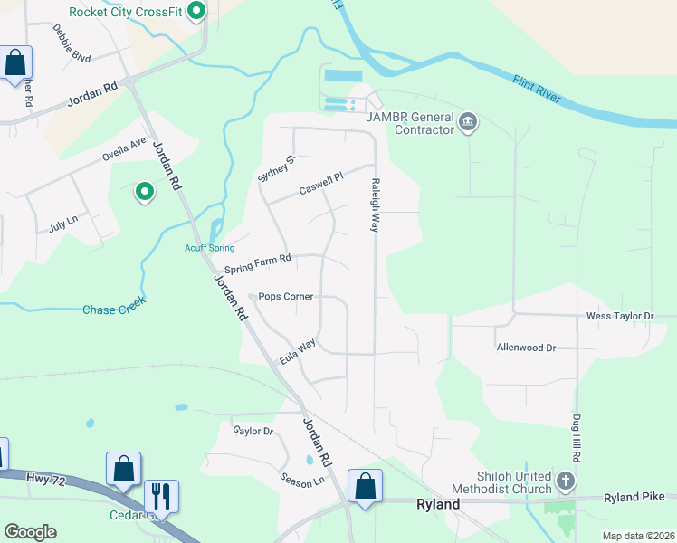 map of restaurants, bars, coffee shops, grocery stores, and more near 106 Spring Farm Road in Huntsville