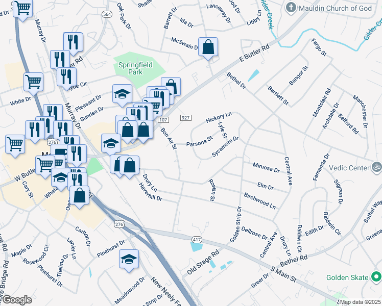 map of restaurants, bars, coffee shops, grocery stores, and more near 102 Sycamore Drive in Mauldin